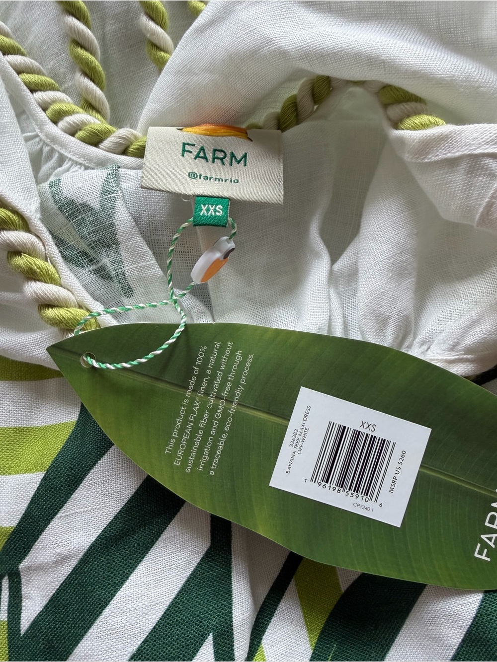 Farm Rio White & Green Banana Leaf Print Maxi Dress with Rope Belt xxs - Picture 5 of 5